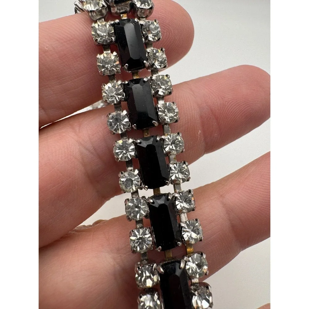 Vintage Rhinestone Bracelet Black Emerald Cut Clear 3 Row Jeweled Clasp MCM